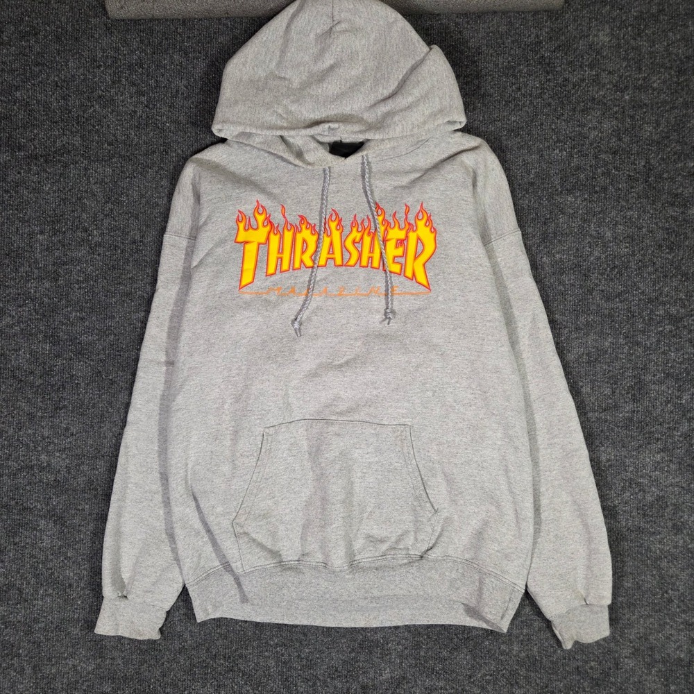 Thrasher Magazine Flame Logo Hoodie Mens Medium Grey Heather Skate Sweatshirt